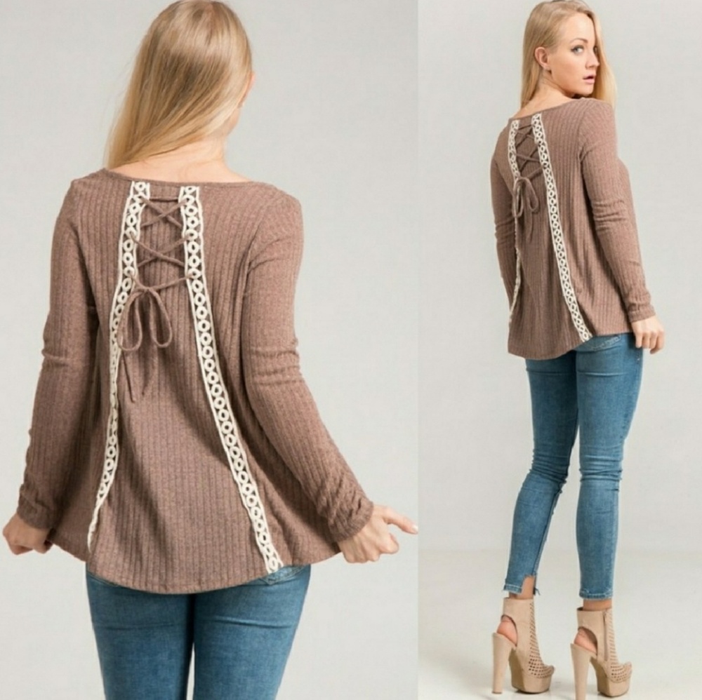 Mocha Rib Knit Top with White Lace Up Back Accent